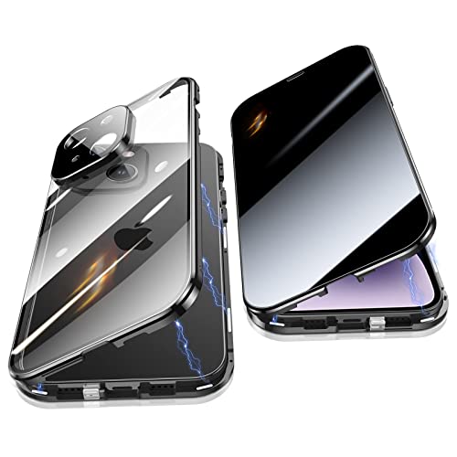Jonwelsy Anti Peeping Case for iPhone 14 (6.1"), 360 Degree Front and Back Privacy Tempered Glass Cover, Anti SPY Screen, Magnetic Adsorption Metal Bumper (Black)