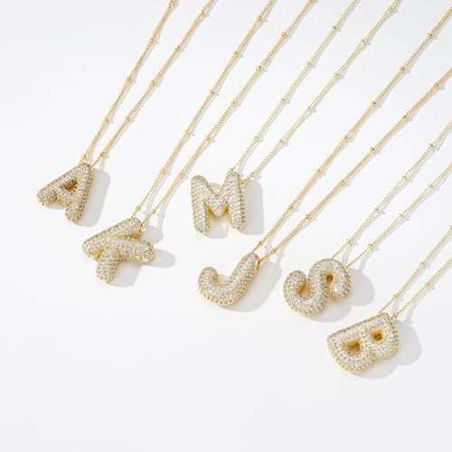 Apsvo Bubble Letter Necklace Gold, Balloon Initial W Necklaces Rhinestone Puff Letter Pendant Chunky Alphabet Necklace for Women
