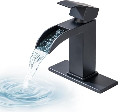 Brushed Nickel Waterfall Bathroom Faucets, High-Flow Bathroom Faucets 1 Hole, Single Handle Bathroom Sink Faucet, Modern Vanity Faucet with Pop Up Drain and Water Supply Lines