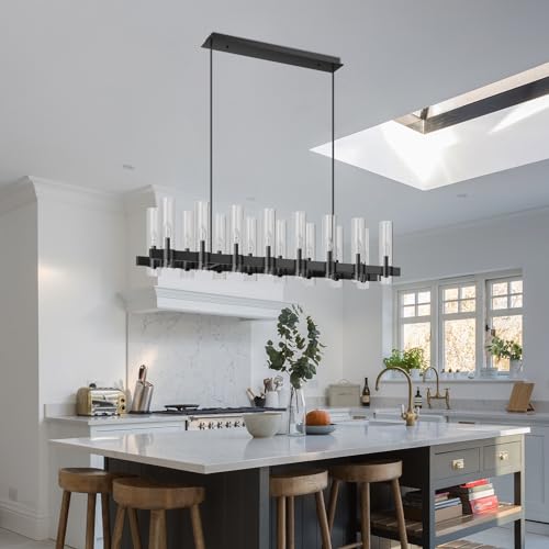 AEULYTIR 54 Inch Black Chandelier Linear with Clear Glass Shade, 16-Lights Modern Farmhouse Ceiling Pendant Hanging Light Fixture Over Table, for Dining Room, Kitchen Island