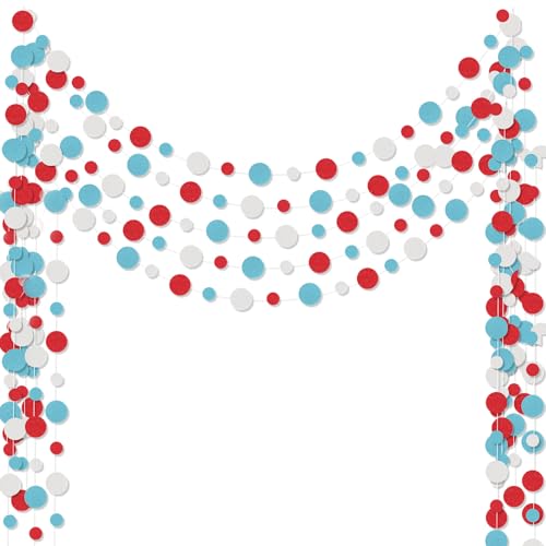 Outus 5 Pieces Colorful Dots Paper Garland Round Glitter Garland Hanging Confetti Streamers Backdrop Decoration for Birthday Classroom Candy Sprinkles Trunk or Treat Party (Light Blue,White,Red)