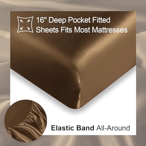 JOOKI Queen Size Satin Sheets Deep Pocket,Super Soft Cooling Sheets Queen Size,Queen Silk Sheets Set Deep Pocket,Wrinkle Free,Breathable,Yellow Leopard