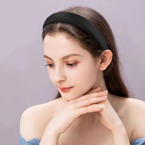 SuPoo Padded Headbands Black Headbands for Women Soft Thick Hairbands 1.1 inch Preppy Head Band Non Slip Fashion Satin Silky Hair Band Hoop Trendy y2k Hair Accessories diademas para mujer de moda