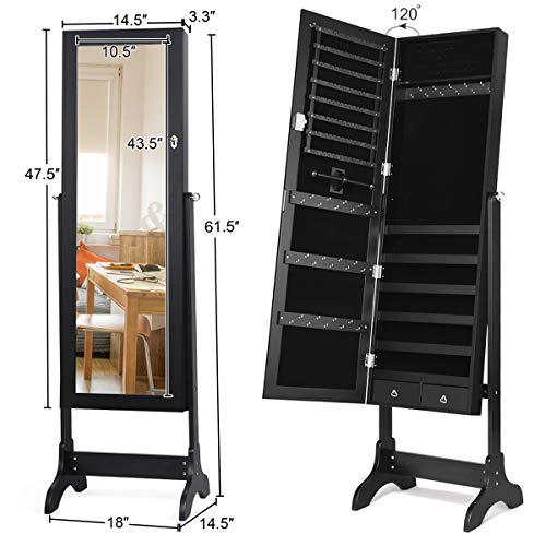 WATERJOY Jewelry Organizer with Full Body Standing Mirror Jewelry Holder Storage 4 Angle Adjustable Lockable Jewelry Cabinet Jewelry Armoire