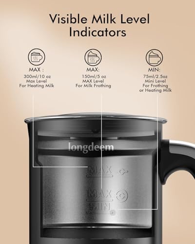 LONGDEEM Milk Frother, 4-in-1 Electric Milk Foamer with Cold & Hot Froth for Latte Cappuccino - Automatic Coffee Foam Maker, Stainless Steel, 10 oz/300 ml, Non-Stick Coating with Auto Shut-Off, Black