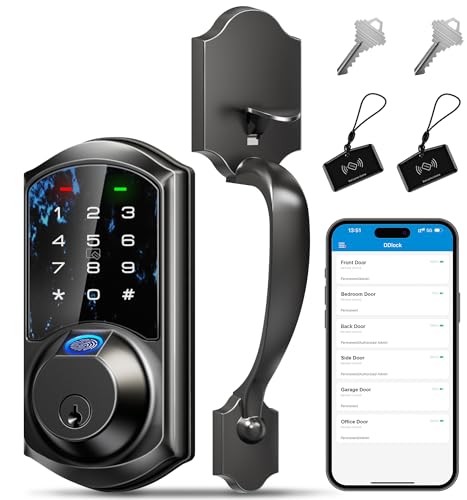 Veise Fingerprint Smart Locks for Front Door with Handle Set, App Control, Keyless Entry Keypad Deadbolt, Digital Electronic Touchscreen, Easy Install, Auto Lock, Matte Black