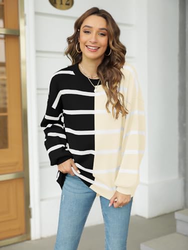 Fisoew Womens Striped Pullover Sweater Crew Neck Long Sleeve Knitted Color Block Casual Loose Lightweight Sweaters for Women Army Green