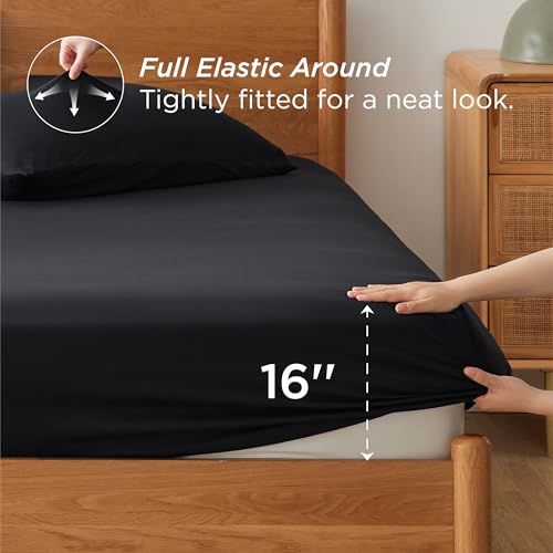 Bedsure Twin Fitted Sheet 2 Pack, Jersey Knit Polyester Twin Sheets, Cozy T-Shirt Soft & Breathable 16" Deep Pocket Sheets for Twin Bed, Wrinkle Free with 1 Pillowcase, Black(39" x 75")(No Flat Sheet)
