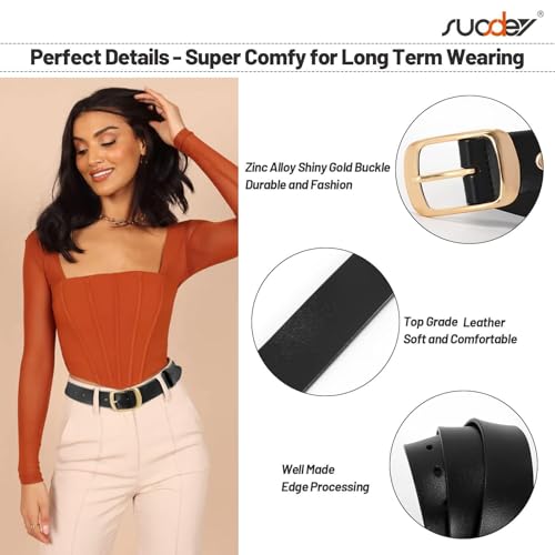 SUOSDEY 3 Pack Fashion Womens Leather Belts, Soft Leather Waist Belt with Pin Buckle for Jeans Pants,width 1.3"
