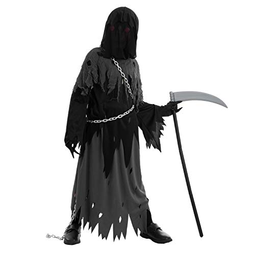 Spooktacular Creations Glowing Eyes Grim Reaper Costume for Kids, Halloween Costume for Boys, Phantom Costume-S(5-7yr)