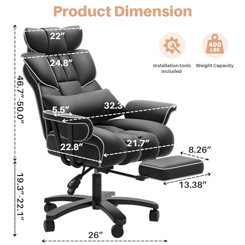 GXJ Big and Tall Office Chair 400lbs Wide Seat, Comfy Reclining Office Chair with Footrest, High Back Executive Office Chair with Removable Lumbar Support, Home Office Computer Desk Chair
