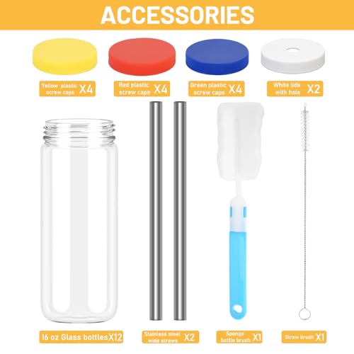 Sursip 24oz Glass Water Bottle Set of 6, Leak Proof Clear glass juice bottle for juicing, Reusable Drinking Bottles with Stainless Steel Lid, Beverage Storage Containers for Refrigerator-BPA Free