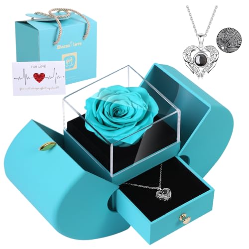 Preserved Real Cyan Rose Gift with I Love You in 100 Languages Necklace, Cute Gifts for Girlfriend, Women, Mom, Wife, Gifts Idea on Christmas, Valentine's Day,Birthday, Mother's Day