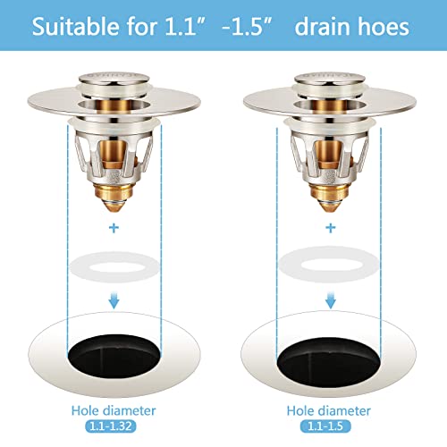 Bathroom Sink Stoppers Brushed Nickel,Pop Up Drain Stopper for Bathroom Sink,2-in-1 Sink Stopper & Strainer,Universal Wash Basin Sink Stopper,for 1.1"~1.5" Bathroom Sink Drain Pipe(Brushed Nickel)