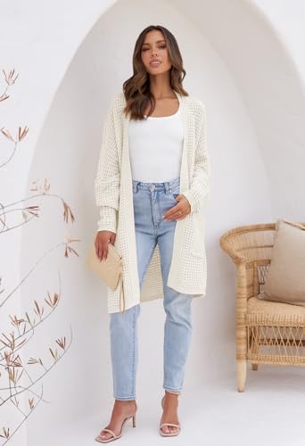MEROKEETY Women's Oversized Long Batwing Sleeve Cardigan Waffle Knit Sweater Coat, Beige, S