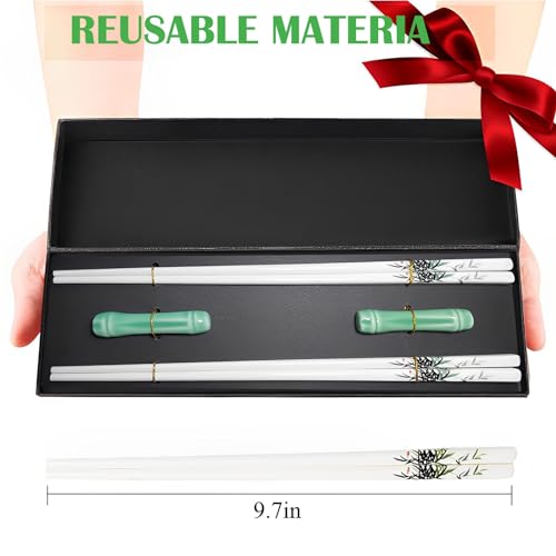 Porcelain Chopsticks and Porcelain Holder,2 Pairs Reusable Chopsticks with Delicate box, Washable and Dishwasher Safe, Ceramic Chopsticks Chinese Japanese Korean Classic Stylish(Green Bamboo)