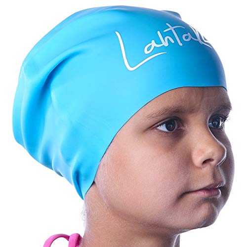 Swim Caps for Long Hair Kids - Swimming Cap for Girls Boys Kids Teens with Long Curly Hair Braids Dreadlocks - 100% Silicone Hypoallergenic Waterproof Swim Hat (Aqua Blue, Small)