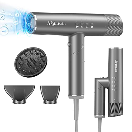 SKANWEN Hair Dryer, 1400W Professional Ionic Blow Dryer with High-Speed Brushless Motor for Fast-Drying, Filter-Removable Quiet Hairdryer with Magnetic Nozzle and Styling Concentrator (Anchor Gray)