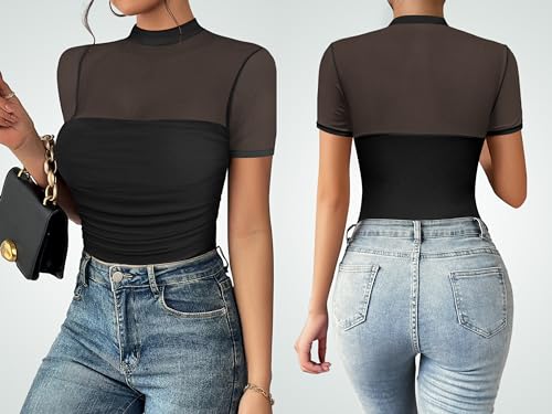 Kentysill Sexy Mesh Bodysuits for Women: Mock TurtleNeck Short Sleeve Ruched Body suit Summer Trendy Going Out Tops White S