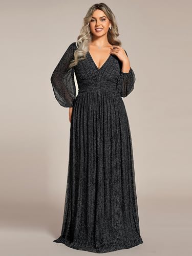 Ever-Pretty Women's Glitter Long Sleeves V Neck Pleated Empire Waist Floor Length Plus Size Formal Dresses Evening Gowns Black US16