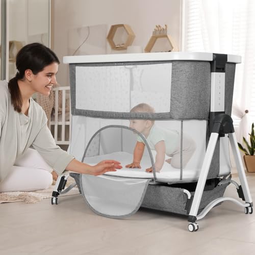 Cowiewie 4 in 1 Baby Swingable Bassinet Infant/Newborn to Toddler Bassinet with 4 Stages, Bedside Sleeper+Travel Cot+Bassinet+Playpen with Mattress, Breathable Net,6 Height Adjustable (Gray)