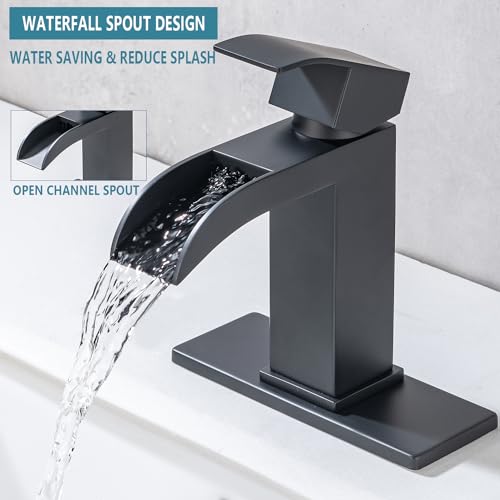 Brushed Nickel Waterfall Bathroom Faucets, High-Flow Bathroom Faucets 1 Hole, Single Handle Bathroom Sink Faucet, Modern Vanity Faucet with Pop Up Drain and Water Supply Lines