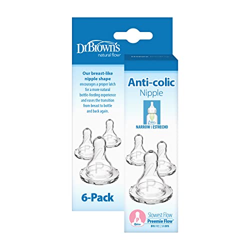Dr. Brown’s Natural Flow Preemie Flow Narrow Baby Bottle Silicone Nipple, Slowest Flow, 0m+, 100% Silicone Bottle Nipple, 6 Count(Pack of 1)
