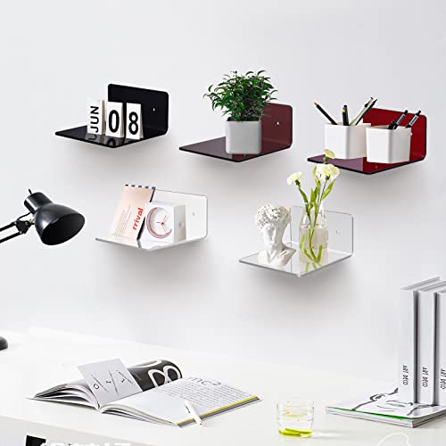 Bolidery 4 Pack Small Acrylic Floating Shelves, 4'' Acrylic Wall Shelves Display Ledges for Storage & Decoration, Mini Shelves for Wall with 2 Types of Installation (Adhesive or Screw)