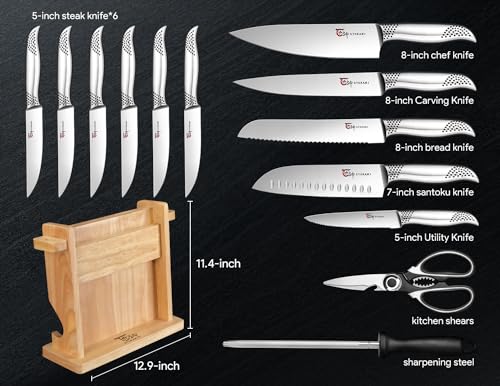 SYOKAMI Knife Block Set, 14 Pieces Japanese Style Knife Set With Magnetic Holder, High Carbon Stainless Steel Ultra Sharp Knives With Ergonomic Handle, Including Sharpener And Shears, Black Dot