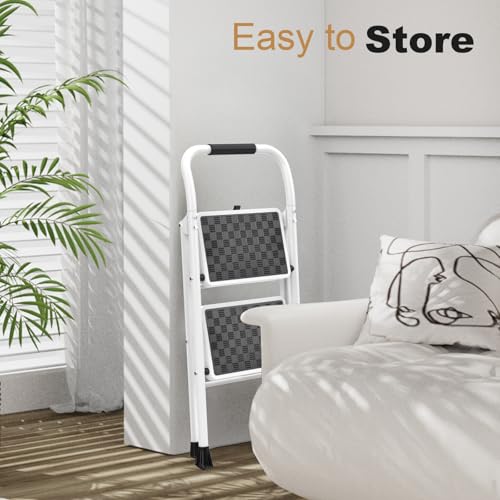 HBTower Step Ladder, 2 Step Stool for Adults,2 Step Ladder Folding Step Stool with Cushioned Handle,330 lbs Capacity,Step Ladder with Wide Anti-Slip Pedal Ergonomic Design,White