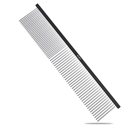 ROPO Dog Comb Tool for Removing Matted Fur - Pet Dematting Comb with Rounded Teeth and Non-Slip Grip Handle - Prevents Knots and Mats for Long and Short Haired Pets (Square handle, Black)