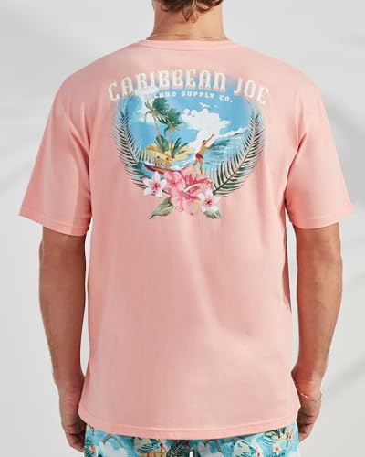 CARIBBEAN JOE Men's Sleep Set, Palm Island Shorts and Coral Crew Neck T-Shirt Pajamas, Lightweight Novelty PJs