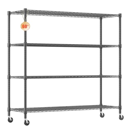Homdox 60”W Storage Shelves, 4 Tier Heavy Duty Wire Shelving Unit with Wheels, 2400LBS Commercial Adjustable Metal Shelves for Storage, Garage Rack Pantry Shelves Kitchen Shelving, 24"x60"x72", Black