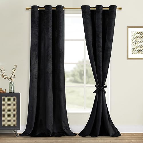 DWCN Taupe Velvet Curtains 84 Inches with Tiebacks - Luxury Thermal Insulated Room Darkening Tieable Window Curtains Grommet Neutral Style Window Dressing for Bedroom/Living Room, W52 x L84, 2 Panels