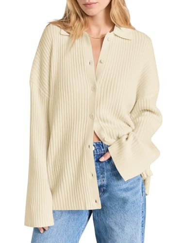 Danedvi Womens Collared Cardigan Sweaters Oversized Ribbed Knit Open Front Button Up Bell Sleeve Outwear Grey