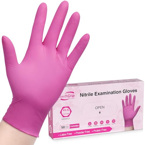 SwiftGrip Powder-Free Nitrile Gloves, X-Small, 50ct Box - 3-mil, Disposable, Latex-Free, for Kitchen, Cleaning, Estheticians, Hair Stylist - Pink/Fuchsia