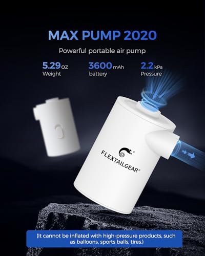 FLEXTAILGEAR MAX Pump 2020 Portable Air Pump with 3600mAH Battery USB Rechargeable Air Pump-Quick Inflate Deflate for Sleeping Pads, Air Mattress, Pool Toys, Floats, Swimming Ring, Air Bed (White)