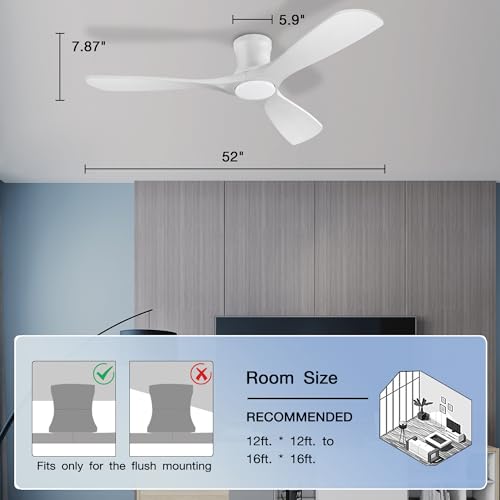 Hoenofly 52” Smart Wood Low Profile Ceiling Fan with Lights Remote,Quiet DC Motor,Outdoor Indoor Flush Mount Ceiling Fans Controlled by WIFI Alexa App,Modern Black for Bedroom Living Room Patio Porch