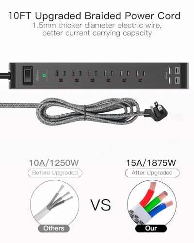 Surge Protector Power Strip - 6 Outlets 4 USB Charging Ports, 5Ft Braided Extension Cord, Flat Plug, Overload Protection, Wall Mount for Home Office, Dorm Room Essentials, Black