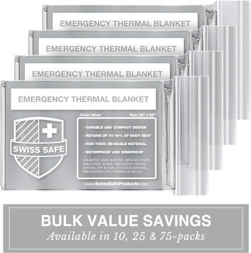 Swiss Safe Emergency Mylar Thermal Blankets + Bonus Space Blanket - Compact & Insulated for Cold Weather - Designed for NASA, Outdoor Camping, Survival, First Aid Car Kit - Silver, 4 Pack, XL