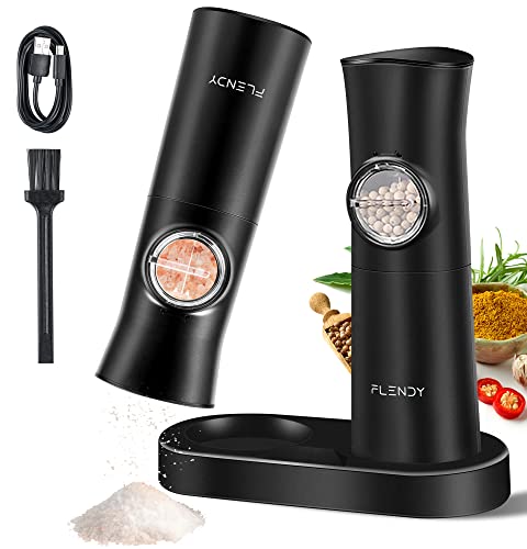 Flendy Gravity Electric Salt and Pepper Grinder Set Rechargeable, Automatic Salt and Pepper Grinder Set with USB C Charging Base, Gravity Salt and Pepper Shakers Set Electric
