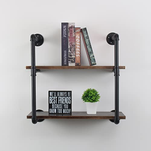 MBQQ Industrial Retro Pipe Shelf 24in 2 Tier Wall Mounted,Rustic Floating Shelves,Farmhouse Kitchen Bar Shelving,Home Decor Book Shelves,DIY Bookshelf Hanging Wall Shelves,Black