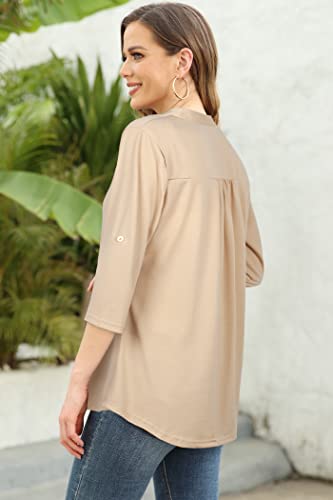 Ninedaily Womens Summer Tops 2024 Dressy Casual 3/4 Sleeve V Neck Shirt Work Blouses Business Outfits Tie Dye Brown,Size L