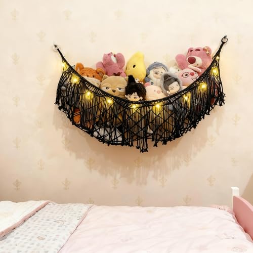 Stuffed Animal Hammock or Net With LED Lights Extra Large Wall Hanging Stuffed Animal Storage Nets for Teddy Bear Handmade Macrame Hanging Toy Net Hammock for Stuffed Animal Storage (Black)