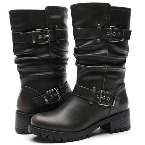 GLOBALWIN Women's Mid Calf Dress Boots Biker Motorcycle Riding Boots Women For Women Black Size 11M