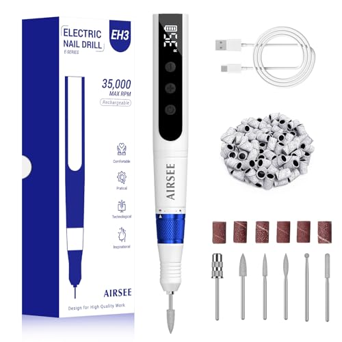 AIRSEE EH3 Professional Cordless Electric Nail Drill Machine, 35000 RPM Stepless Speed, Rechargeable Nail File Set with LED Display, Portable E-File Dremel Kit for Manicure Pedicure Acrylic Polishing