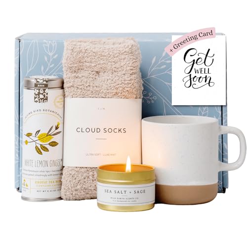 Unboxme Comforting Care Package for Women - Organic Self-Care Get Well Soon Gift Basket with Fluffy Socks, Lemon Ginger Tea Set, Sea Salt, Scented Candle - Ideal Post-Surgery & Feel Better Basket