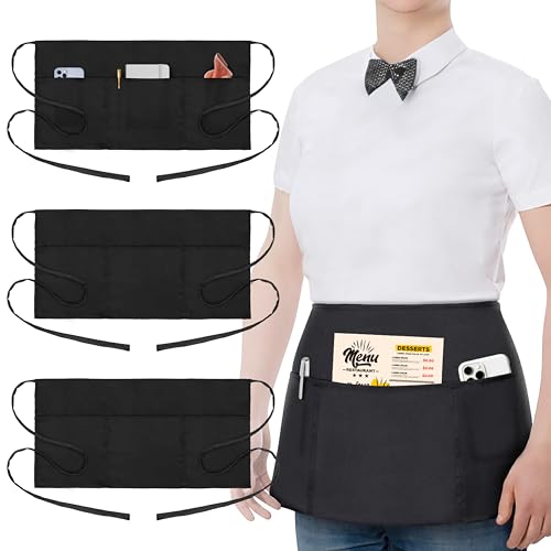 3 Pack Waist Apron - Server Aprons With 3 Pockets - Water & Oil Resistant Waitress Apron - Black Half Aprons for Women Servers - 12 Inch