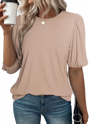 SHEWIN Womens Summer Tops 2025 Puff Sleeve Blouses Shirt Crewneck Top 2025 Trendy Oversized Tshirts for Women,(US 18-20) 2XL,Purple