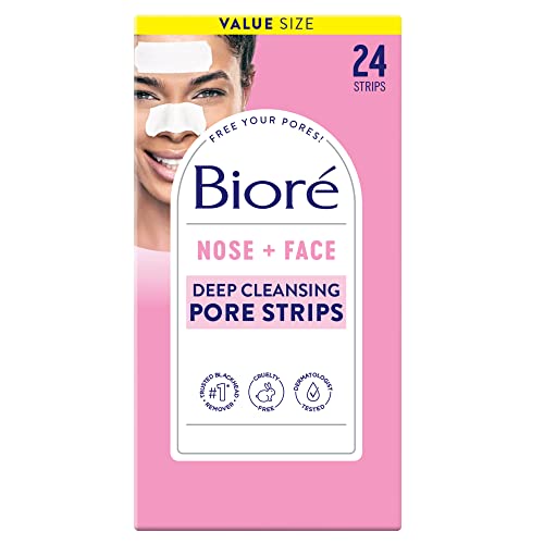Biore Nose+Face Blackhead Remover Pore Strips, 12 Nose + 12 Face Strips for Chin or Forehead, Deep Cleansing with Instant Blackhead Removal and Pore Unclogging, Non-Comedogenic Use, 24 Ct Value Size